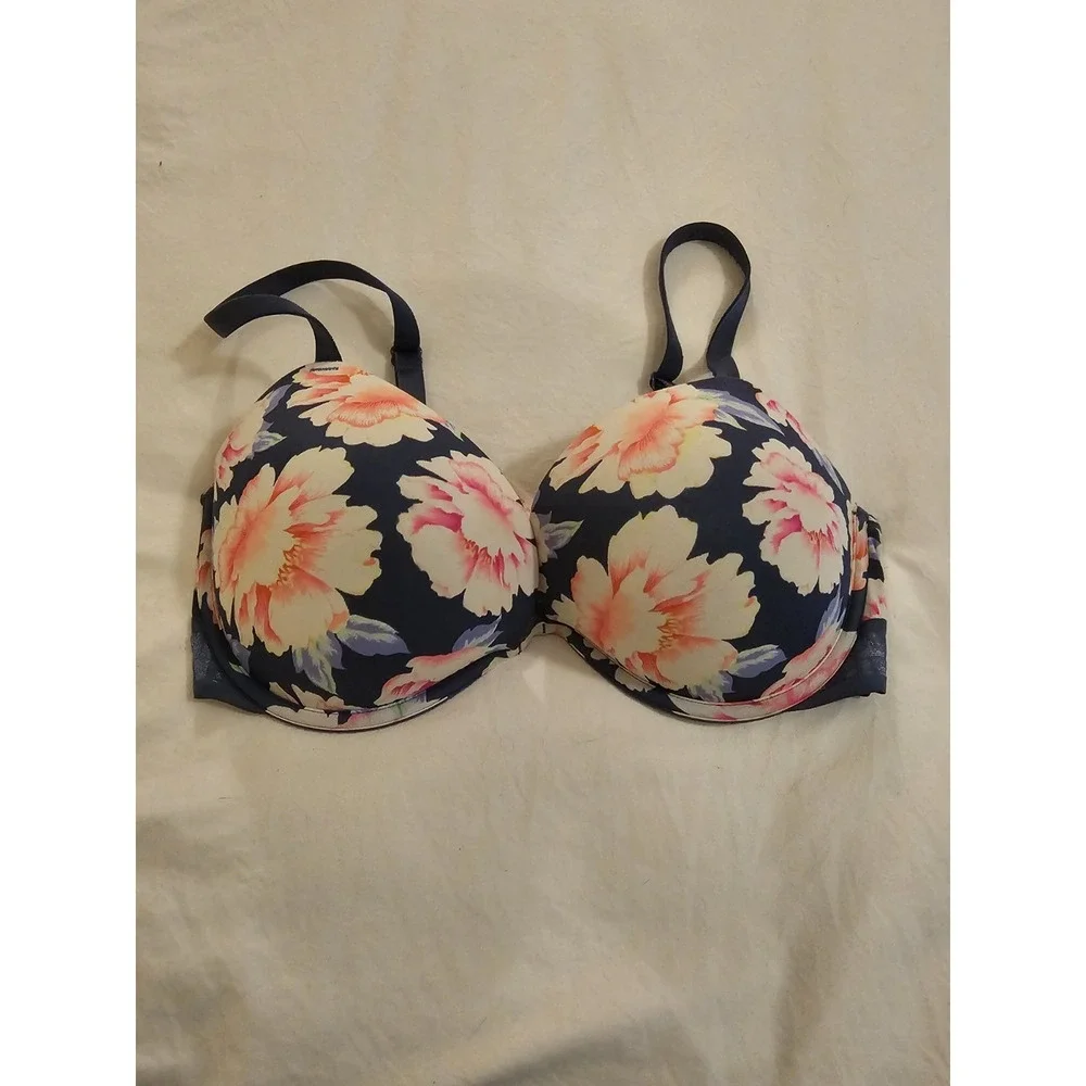 PINK Victoria's Secret Floral‎ Push Up Bra Navy Blue Pink Size 34DD